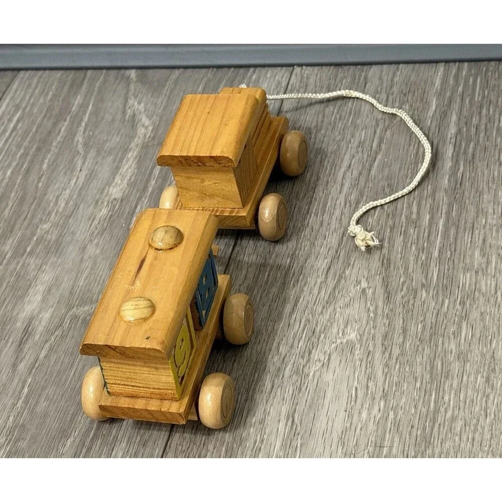VINTAGE HAND MADE WOODEN TRAIN & CAR WITH BLOCKS STURDY Pull Toy